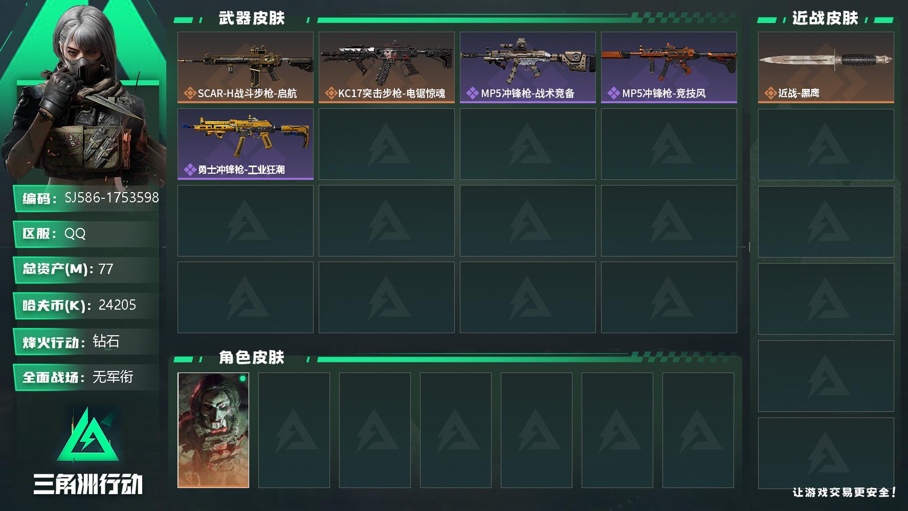 三角洲行动账号QQ总资产(M)：77M/哈夫币(K)：24205K/哈夫币(K)：24205K/全面战场等级：3_段位