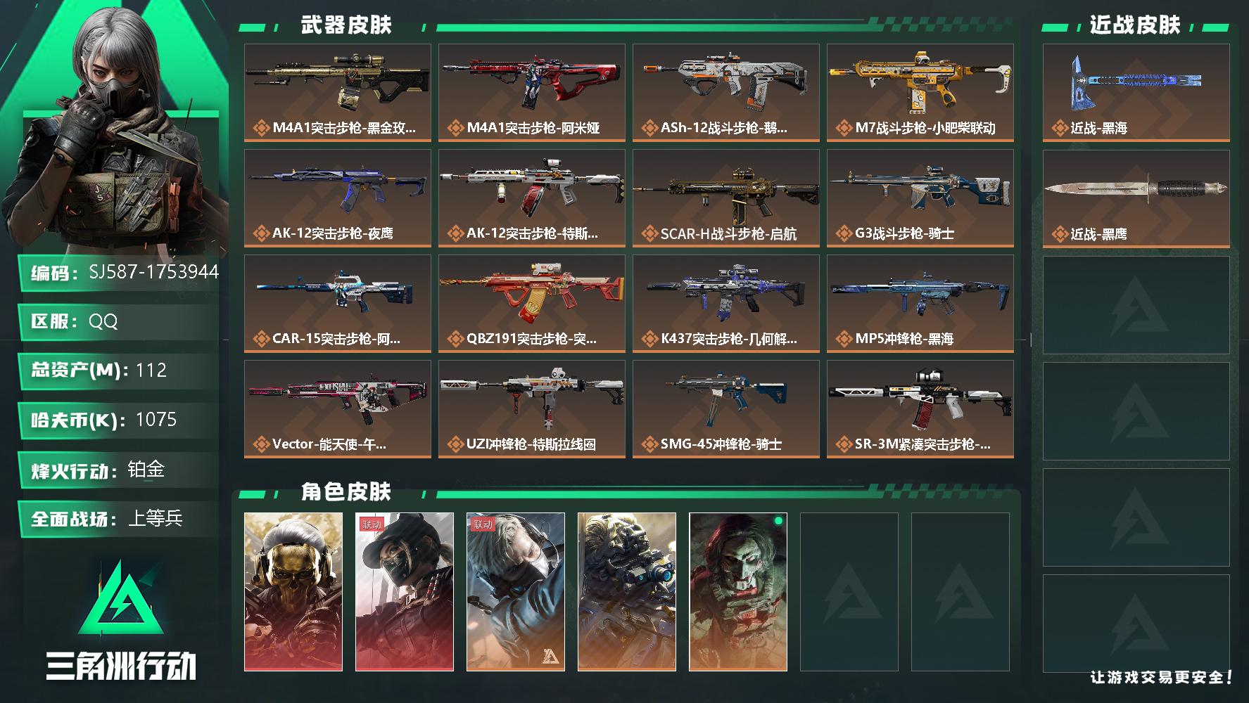 三角洲行动账号QQ总资产(M)：112M/哈夫币(K)：1075K/哈夫币(K)：1075K/全面战场等级：50_段位