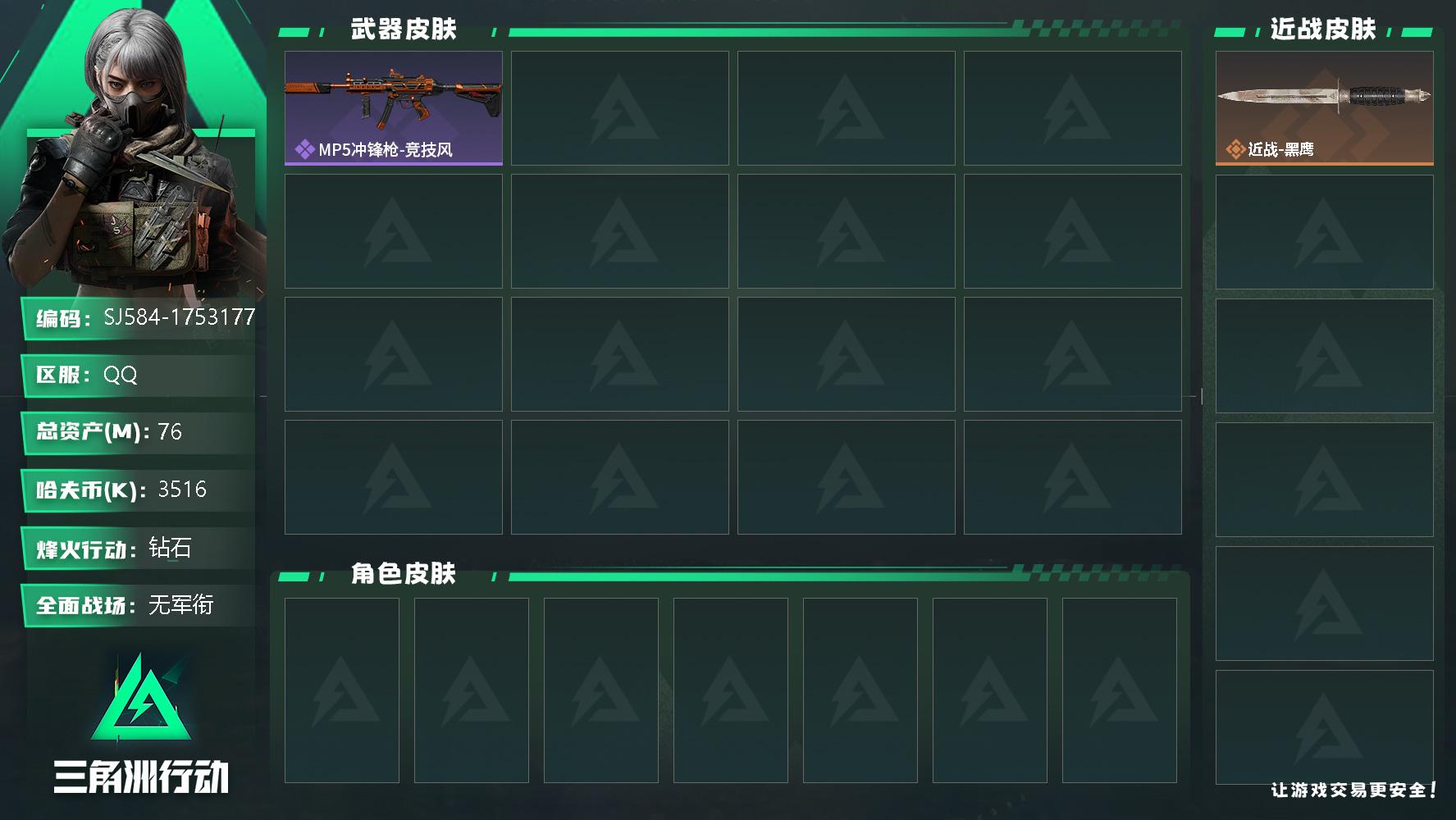 三角洲行动账号QQ总资产(M)：76M/哈夫币(K)：3516K/哈夫币(K)：3516K/全面战场等级：1_段位：无