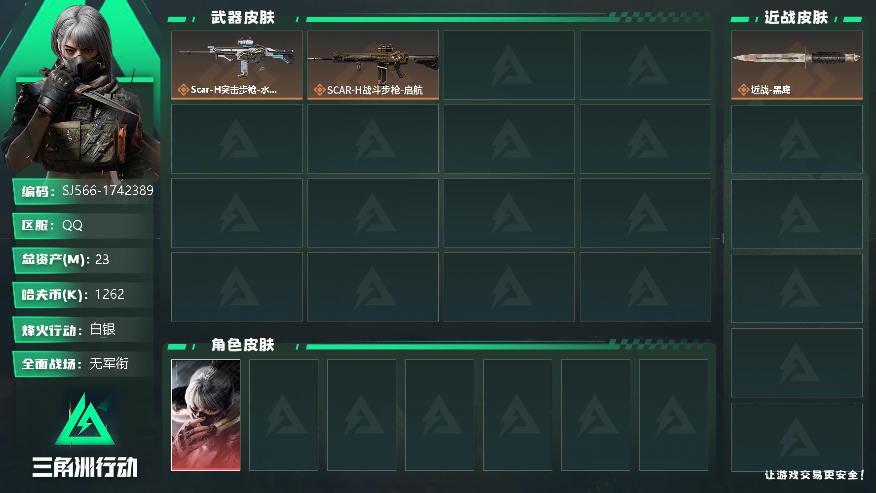 三角洲行动账号QQ总资产(M)：23M/哈夫币(K)：1262K/哈夫币(K)：1262K/全面战场等级：1_段位：无