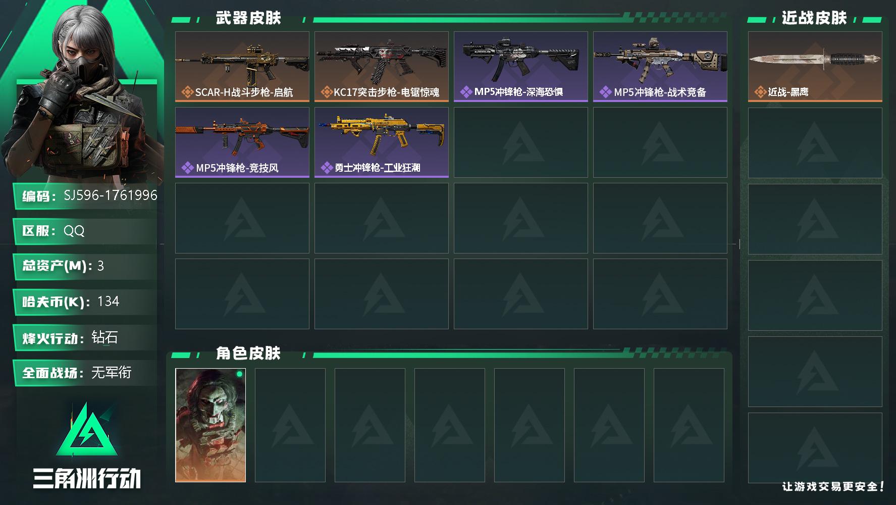 三角洲行动账号QQ总资产(M)：3M/哈夫币(K)：134K/哈夫币(K)：134K/全面战场等级：5_段位：无段位/