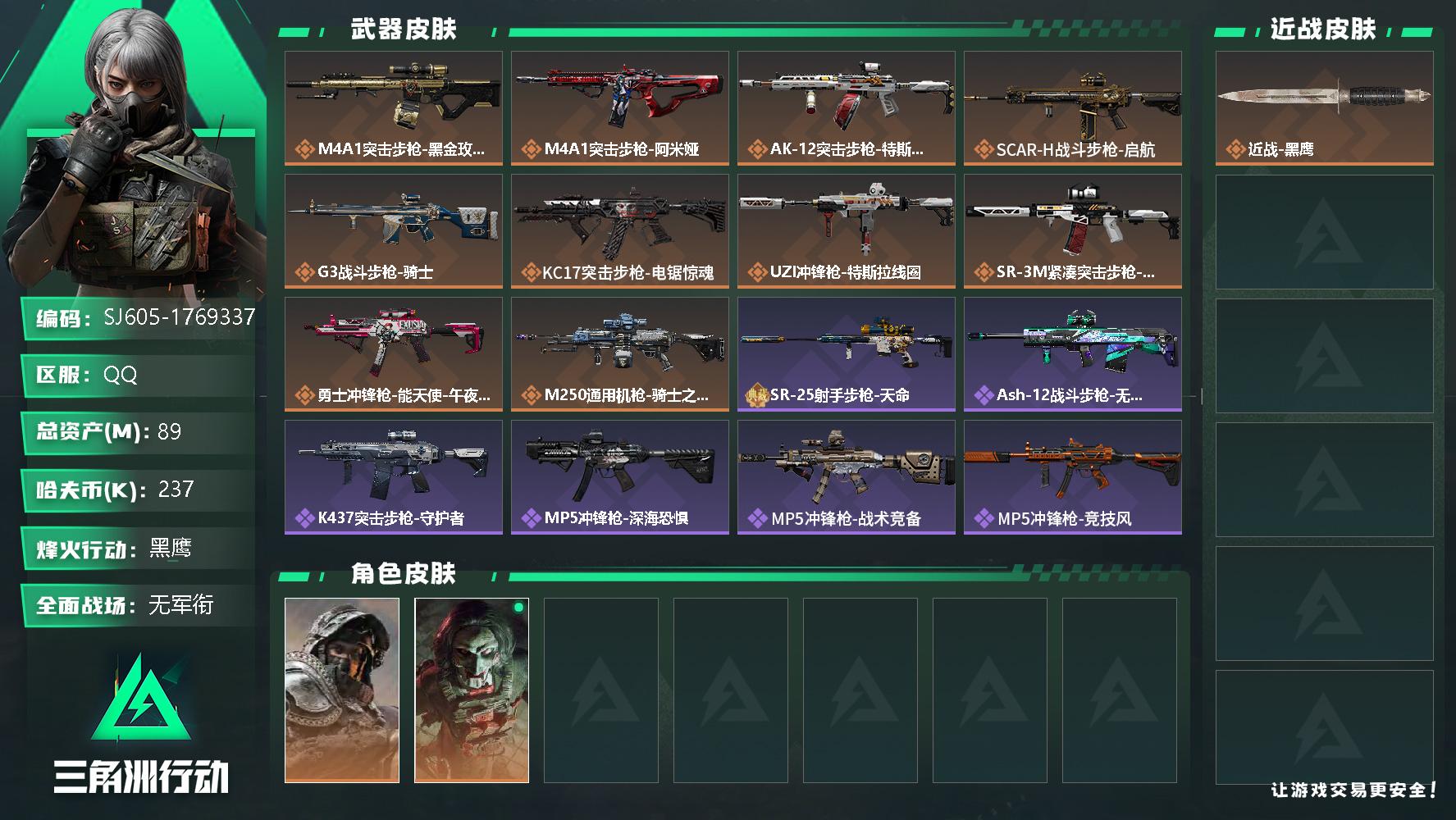 三角洲行动账号QQ总资产(M)：89M/哈夫币(K)：237K/哈夫币(K)：237K/全面战场等级：4_段位：无段位