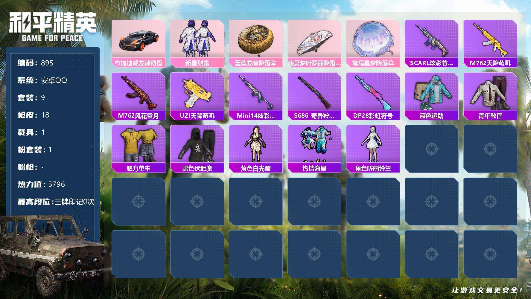 和平精英账号安卓QQ可二次 钱包无法注销 等级25 9套装 18枪皮 热力值5796 1载具 1粉 布加迪威龙(律动橙) 新星烈龙 套装-热情海星 白光莹 听雨铃兰 3粉降落伞
