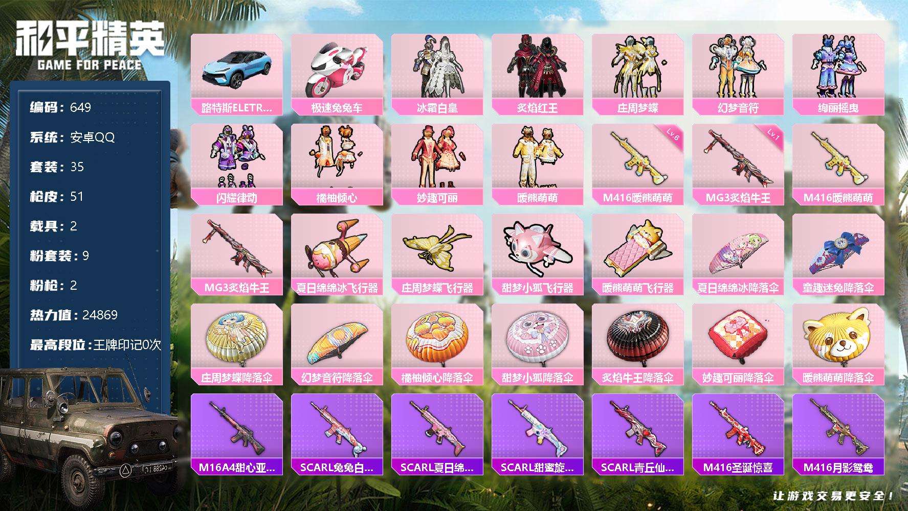 和平精英账号安卓QQ可二次 等级60 87套装 133枪皮 历史Z高14星 5卓越印记 2传奇印记 8王牌印记 热力值4