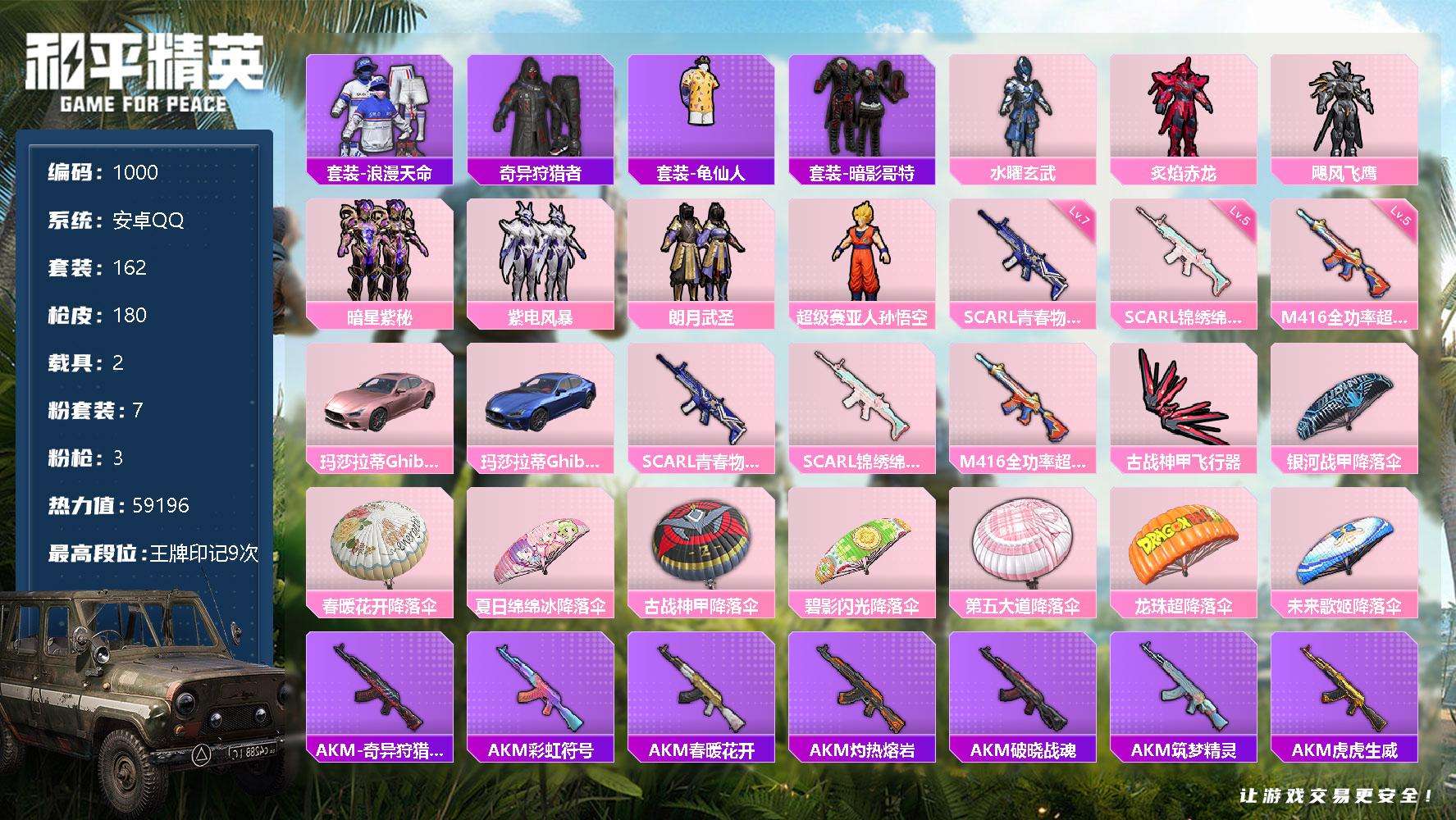 和平精英账号安卓QQ可二次 等级68 162套装 180枪皮 9王牌印记 0绝世 0传奇 0卓越 热力值59196 0红